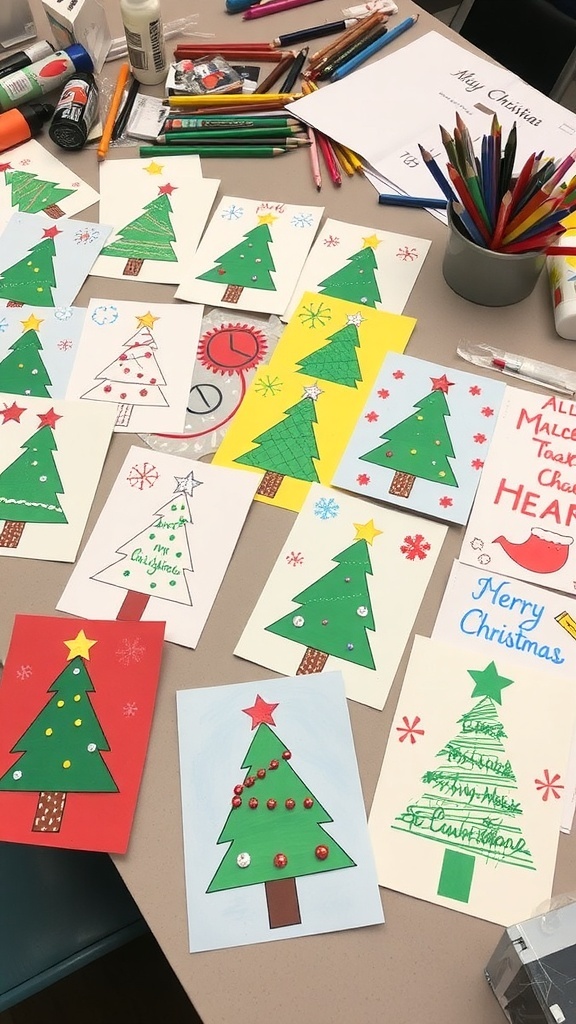 Christmas Card Craft for KS1 Students A collection of vibrant handmade Christmas cards with festive designs on a crafting table.